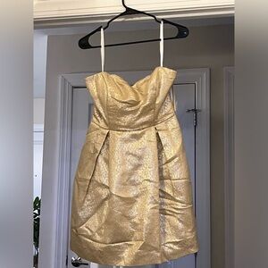 Shoshanna Gold Metallic Strapless Dress with Sweetheart Neckline and pockets